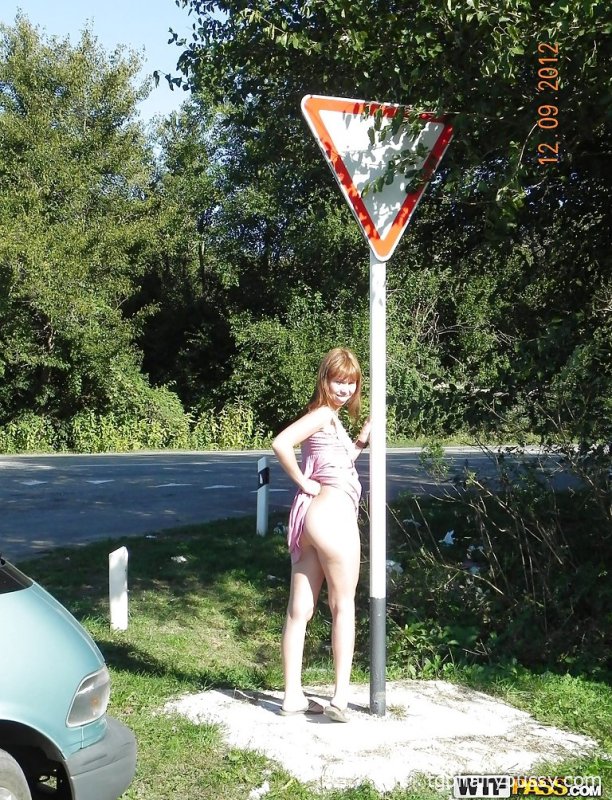 Брюнетка-шлюшка раздевает свои сиськи и киску на улице